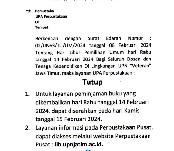 Pengumuman Tutup Layanan Perpustakaan Hari Libur Pemilihan Umum Tanggal 14 Februari 2024