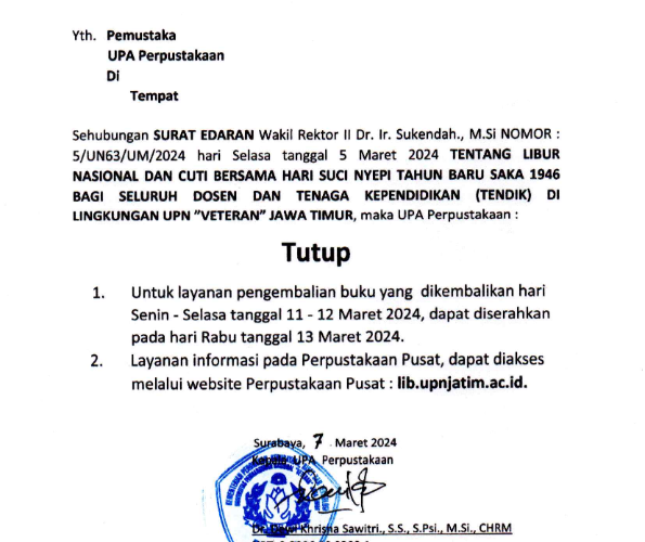 Pengumuman Tutup Layanan Berkaitan Libur Nasional dan Cuti Bersama Hari Suci Nyepi Tahun Baru Saka 1946 Tanggal 11-12 Maret 2024